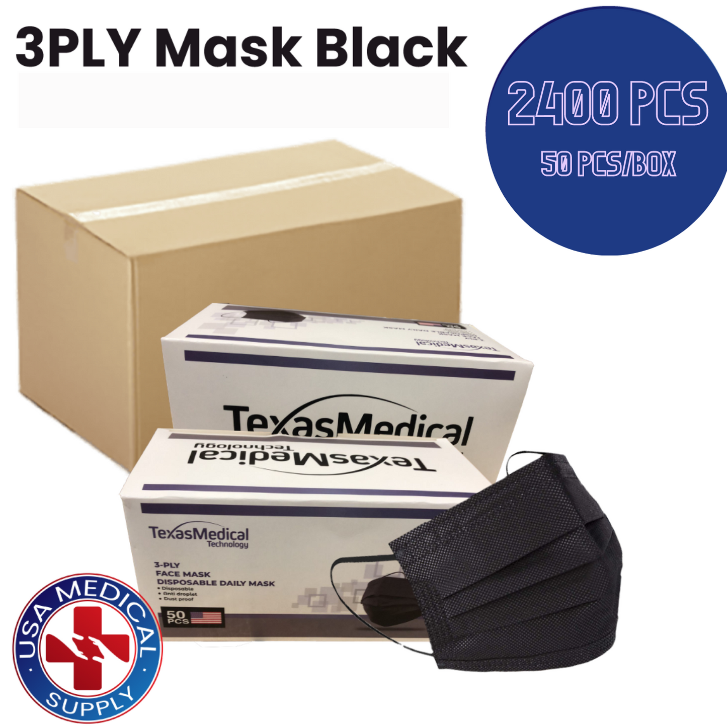 3PLY Mask Black - 2400 PCS (50Pcs/Box - 48 Boxes/Case)